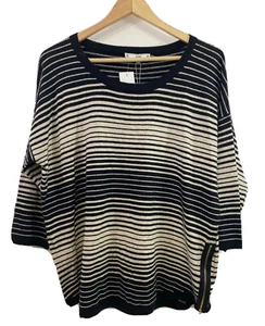 Sioni Womens LARGE Sweater Top Cashmere Blend Black White Stripes NEW 3/4 Sleeve - Picture 1 of 7