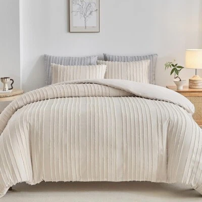 NEW Anthropologie Beige Boho Queen Size Tufted Fringe Bedding Duvet & Sham Set - Image 1 of 4