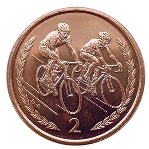 ISLE OF MAN 2 PENCE 1997 - CYCLING - BICYCLE RED UNC - Picture 1 of 2