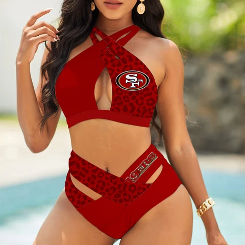 San Francisco 49ers Women's Crisscross Bikini High Waist Swimsuit Beach Swimwear Cover