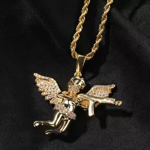 Revenge Angel with Gun Pendant Necklace 5A Zircon Men Women Couple Jewelry Gift - Picture 1 of 22