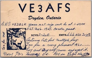 QSL 1947 Amateur Ham Radio Card VE3AFS Dryden Ontario Ralph Hadley Kenora Dist. - Picture 1 of 2