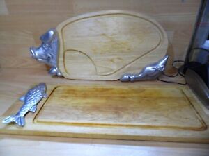 Pig Wood + fish Metal Chopping Board Large  Kitchen roast joint carving ((1f)