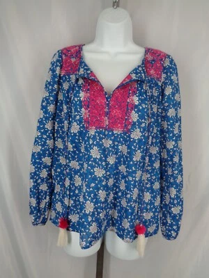 J Crew Embroidered Top Blouse Size XS Blue Pink Tassel - Image 1 of 4