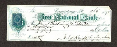 1879 FIRST NATL BANK CHECK Cooperstown NY w 2c Blue Doc Stamp Sc#R152 Scarce - Image 1 of 2