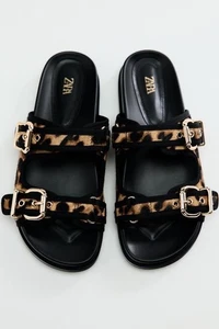 Zara Damen flache Sandalen offene Zehenpartie doppelte Schnalle verstellbare Slide Leopardenmuster 8 - Bild 1 von 3
