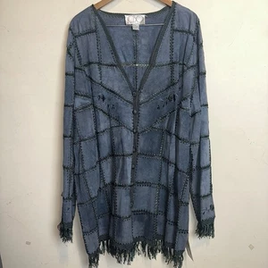 Vintage CBO New York Women 5X Floral Leather Jacket Crochet Fringe Cardigan Blue - Picture 1 of 12