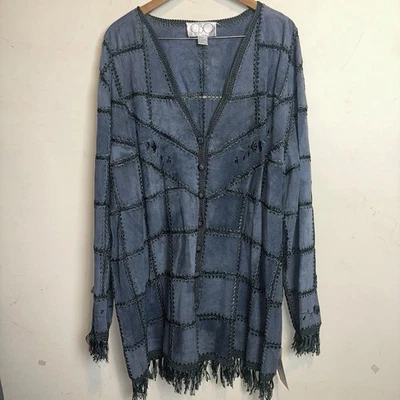 Vintage CBO New York Women 5X Floral Leather Jacket Crochet Fringe Cardigan Blue - Image 1 of 4