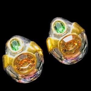 Vintage Ciner Runway Faux Emerald & Citrine Clip On Earrings Two Tone - Picture 1 of 12
