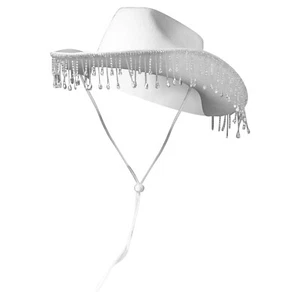 Women Bridal White Caps Fringe Western White Cowboy Party Hat with Drawstring - Picture 1 of 33