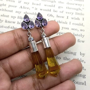 925 Sterling Silver Yellow Citrine With Ametehyst Gemstone Jewelry Stud Earring - Picture 1 of 3