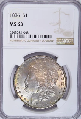 Dólar Morgan 1886 ~ colorido pastel tonificación ambos lados! NGC MS63! Foto 1 de 4