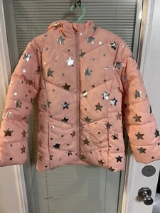 SWISS TECH Girls Pink Puffer Coat, HOODED Size 6 6X SILVER METTALLIC STARS - Picture 1 of 3