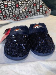 Denver Broncos FOCO Blue Slippers Slides Sequins Faux Fur Womens S (5-6) NWT - Picture 1 of 6
