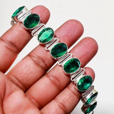 Brazalete Joyería Hecho a Mano Plata 925 Piedras Preciosas Apatita Verde 7-8" Foto 1 de 4