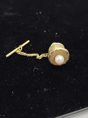 Vintage Goldtone Tie Tack Faux Pearl Tie Pin w/Chain Spring Back .05" Diameter  - Image 1 of 4