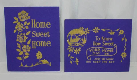 2 Vtg Home Sweet Home Signs Pictures 1950s 40s Gold Glitter Purple Nostalgic Cover