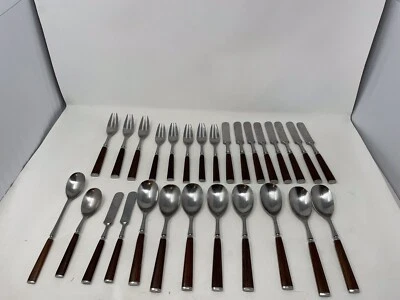 Lot Of 28 Vintage MCM Dansk IHQ Stainless Steel Teak Wood Handle Japan Flatware - Image 1 of 4