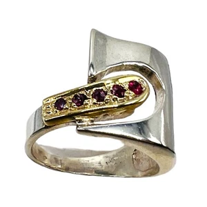 Natural Pink Red Ruby Modernist Sterling Silver Gold Accent Ring 5.75 -5902 - Picture 1 of 8
