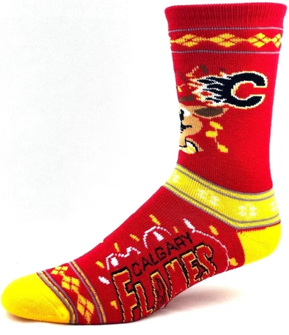 Calgary Flames Hockey Christmas Sweater Stripe Holiday Crew Socks Cover