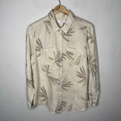 Camisa de Lujo Charter Club de Lino Para Mujer Mediana Estampado de Hoja de Palma Mangas Bronceadas Foto 1 de 4