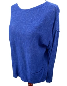 Eileen Fisher Sweater Womens Petite Large Blue Linen Cotton Top Pockets Pullover - Picture 1 of 15