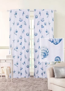 Seashell Toss Print Foamback Pocket Panel Curtains Drapes 2 Panels 40” W x 95” L - Picture 1 of 5