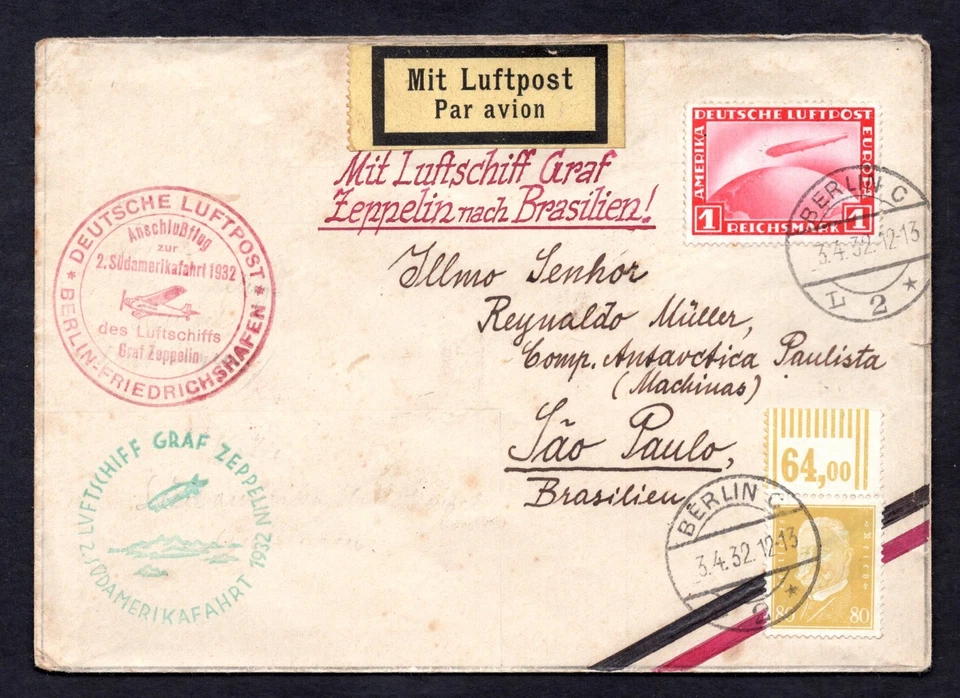 GERMANY BRAZIL 1932 GRAF ZEPPELIN FLIGHT BERLIN TO SÃO PAULO FRANKED SCOTT #C35 - Image 1 of 2