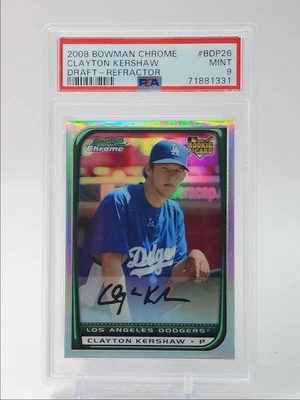 CLAYTON KERSHAW 2008 BOWMAN CHROME DRAFT ROOKIE REFRACTOR RC PSA 9 Q1217 - Image 1 of 2