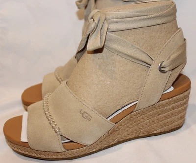 NIB UGG WOMEN'S TAIA ANKLE WRAP WEDGE SUEDE SANDALS MUS TAN SZ 7.5 NIB - Image 1 of 4