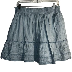 GAP Blue Boho Embroidered Cotton Mini Skirt XL Tall | Elastic Waist Ruffle Hem - Picture 1 of 5