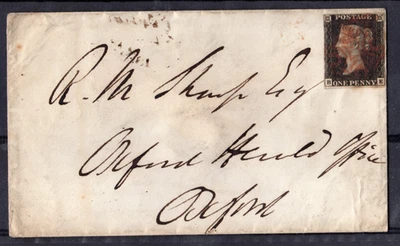 GB QV 1840 1d penny black on cover Red MX lettered BE 31/2 MARGINS DE.24.1840 - Image 1 of 2