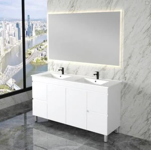 Luca | 1500mm Gloss White Freestanding Double Bowl Vanity On Legs - Picture 1 of 2