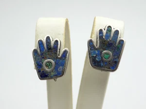Vintage Sterling Silver Azurite Inlay Mexico Hand Screwback Earrings Signed - Picture 1 of 8