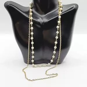 Collana vintage doppio filo maglia metallo con maglie di perle finte tono oro 18 in - Foto 1 di 24
