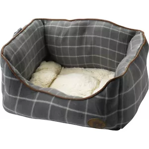 Petface Window Pane Check Square Pet Dog Bed Faux Sheepskin Cushion Basket Grey - Picture 1 of 4