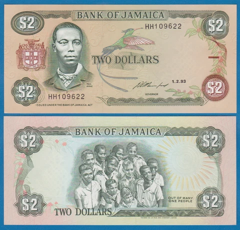 Jamaica 2 Dollars P 69e 1993 UNC Sign 11  P 69 e Cover