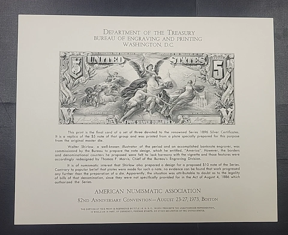 BEP Souvenir Card B-24, front of series 1896 $5 Educational silver certificate - Image 1 of 1