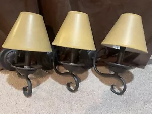 SET OF 3 Rustic metal Wall Mount Sconce with tan lampshades Candelabra base Prim - Picture 1 of 4