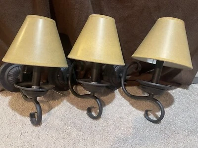 SET OF 3 Rustic metal Wall Mount Sconce with tan lampshades Candelabra base Prim - Image 1 of 4
