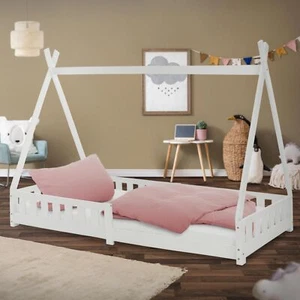 Kinderbett Tipi Rausfallschutz Holzbett Hausbett Kiefernholz Weiß 90x200 cm - Bild 1 von 7