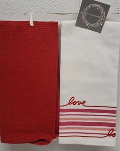 2 DIFFERENT COTTON PRINTED TOWELS (18"x28") LOVE & MULTICOLOR STRIPES, Amore - Picture 1 of 7