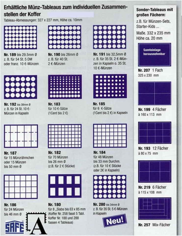 SAFE Münzen Tableau Einsätze Münztableau 32,7x22,7 cm GROSS! Variante aussuchen