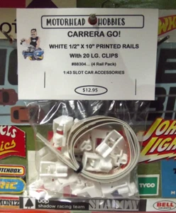 CARRERA GO 1:43, 4-WHITE 1/2" x 10" PRINTED GUARD RAILS & 20 LG. CLIPS, #88304 - Picture 1 of 1
