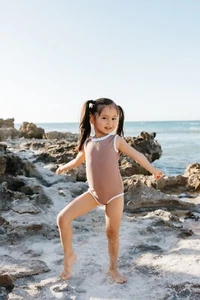 Girls Coconut Brown Modern swimsuit / bathers - one piece, plain, trendy, kids - Picture 1 of 7