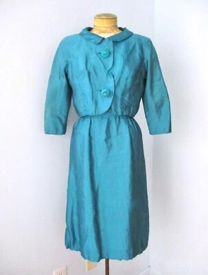 Винтажный 50-х бирюзовый синий шелк shantung 2-шт шевелиться платье болеро короткая куртка костюм 12 - Изображение 1 из 4