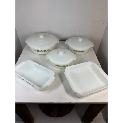 Conjunto de assadeira vintage Fire King âncora acoplamento vidro leitoso verde prado - Imagem 1 de 4