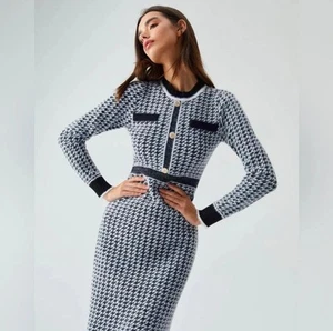 Commense Bodycon Langarm Geometrisches Maxi Pullover Kleid Schwarz Weiß XS - Bild 1 von 10
