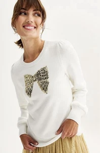 DAMENPULLOVER GROSSE XL (Brustumfang 44") DRAPER JAMES ELFENBEIN GOLD PAILLETTEN SCHLEIFE URLAUB - Bild 1 von 5