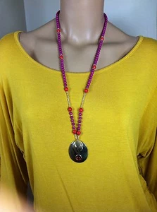 Gold Tone Necklace Choker Link Chain String Acrylic Beads w/ Drops Pendant #276 - Picture 1 of 8